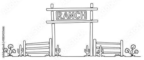 Wooden Ranch Gate Entrance Continuous Line Art. Western Farm Sign with Cactus Sketch. Rural Countryside Concept.