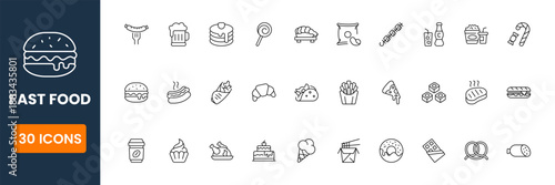 Fast food vector icons burger pizza fries hotdog soda snack flat symbols for restaurant delivery service menu design