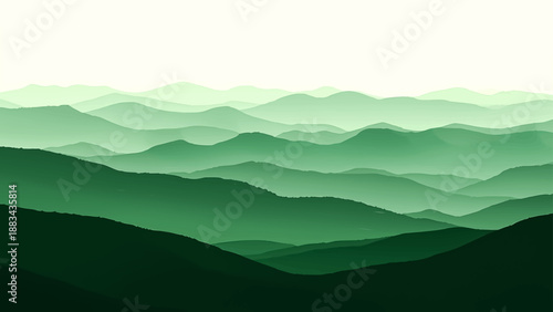 A serene morning mist blankets the blue mountain range and forest valley at sunrise, revealing a silhouette of peaks and clouds over the summer landscape