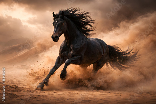 Powerful black horse galloping across a dusty desert landscape, creating dramatic motion and expressing strength, freedom, and wild energy..