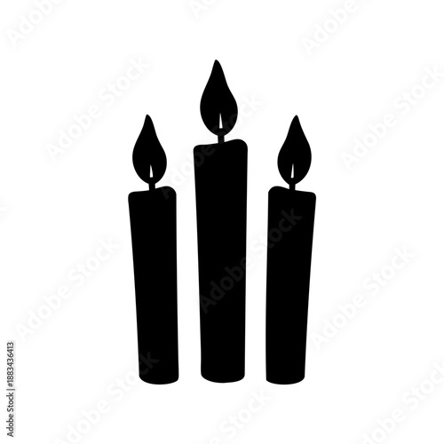 Three black silhouette lit candles casting light and radiating ambiance