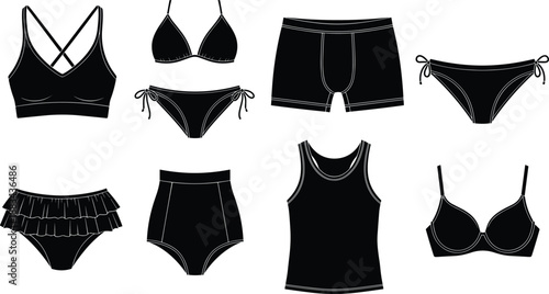 Black silhouette lingerie and swimwear set collection, bra panties sports bra tank top shorts vector fashion illustration pack isolated background