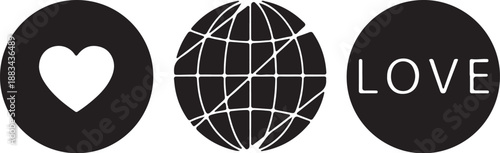 Three black circles with heart symbol globe and love text in minimalist style also transparent background
