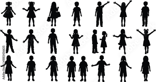 Children silhouette collection, boys and girls different poses, playful kid actions, black vector illustration set isolated background