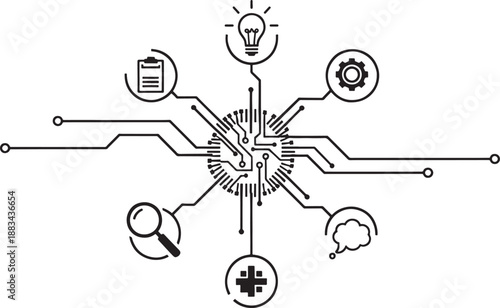 Black and white sketched circuit board with representing technology and innovation