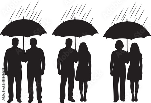 Three Couples Under Umbrellas in the Rain Silhouette also transparent background