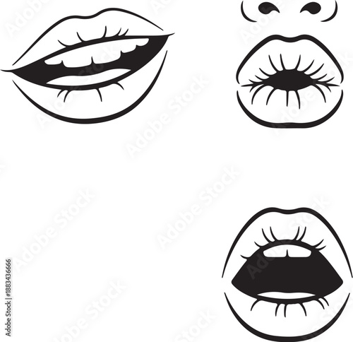 Three Different Lip Expressions in Black and White Line also transparent background lips mouth