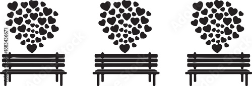 Three benches with heart shapes floating above them in black and white also transparent background