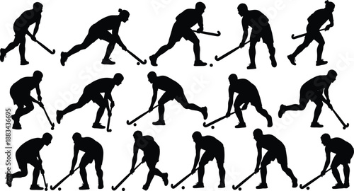 Field hockey player silhouette collection, sports action poses set, dynamic male athlete movements, black vector illustration pack isolated