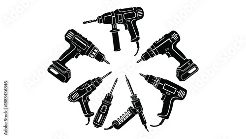 Assorted power tools arranged in a circle isolated on white background, Vector