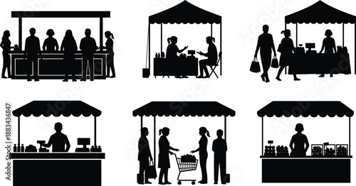 Market stall silhouette collection, people shopping at street vendors, outdoor retail scenes, small business vector illustration set isolated