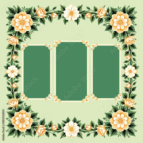 Vintage Floral Collage Frame, Three Photo Panels and Rose Garland Border