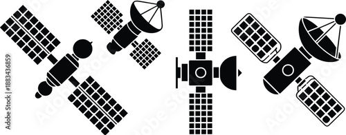 Black satellite communication icons set showing space technology, orbiting spacecraft, solar panels, antennas, navigation and telemetry systems isolated on white background vector illustration