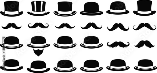 Vintage hats and mustache silhouettes collection, classic gentleman fashion accessories, retro headwear icons, black vector illustration set isolated