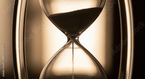close-up of hourglass with sand flowing symbolizing time passing and urgency in sepia tone