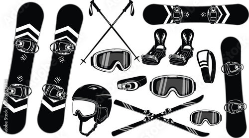 Winter sports equipment silhouettes, skiing and snowboarding gear icons, helmet goggles poles set, black vector illustration, isolated background collection