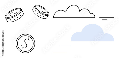 Digital currency concept. Digital symbols thumbs up coins and clouds highlighting online currency transactions. Digital currency transforming global finance. For fintech, app development, data