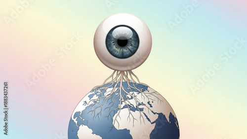 A surreal vector illustration of a giant eye watching over the Earth