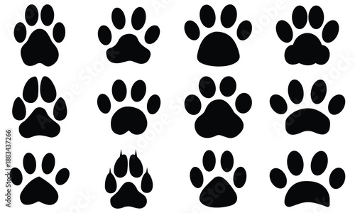 Pet paw icon set. Dog and cat paw icon silhouette vector.  Footprints Pet paw, dog-cat footprint black icon. vector illustration.