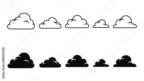 Illustrations of clouds in various shapes isolated on white background, Vector