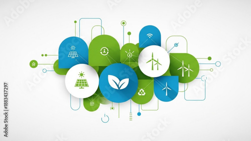 A vector graphic illustration of eco-friendly energy icons and symbols in blue and green colors
