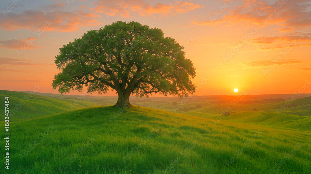 Fototapeta premium Sun sets behind rolling hills in a landscape filled with green grass. A single tree stands tall on a hill, creating a silhouette against the colorful sky