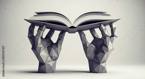 Geometric hands shape (no realism) holding a book from below.