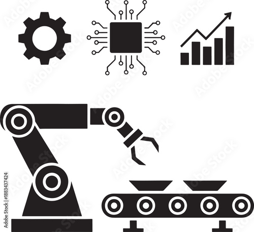 Black and white sketched industrial robot arm on conveyor belt with gears and circuit board