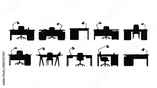 Modern office setup with various desks and chairs isolated on white background, Vector