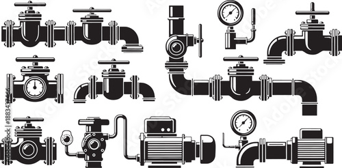 Black and white sketched industrial pipe and valve systems with pressure gauges pipes valves