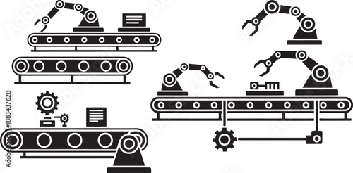 Black and white sketched industrial robots and conveyor belts with gears and controls