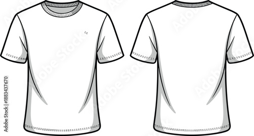 Front and back view blank t shirt technical drawing vector illustration, short sleeve crew neck apparel template for fashion design, manufacturing, print, and mockup use