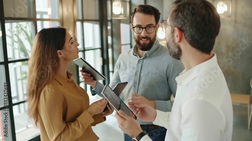 Three professionals discussing information on tablets indoors.