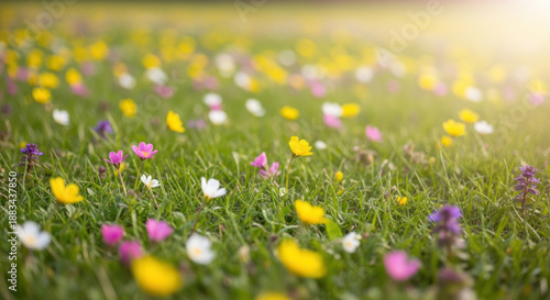 A field of colorful wildflowers under sunlight with a blurred background.