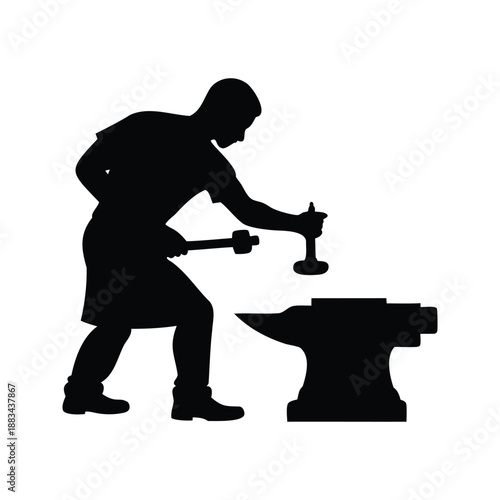 Black and white silhouette of a blacksmith working at an anvil vector illustration,A black and white vector illustration of a blacksmith working at an anvil