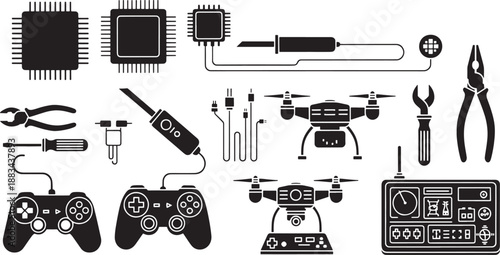 Black and white sketched of electronics components tools and gadgets