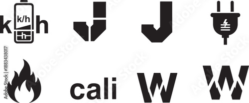 Black and white sketched of energy sources and cali w with flames