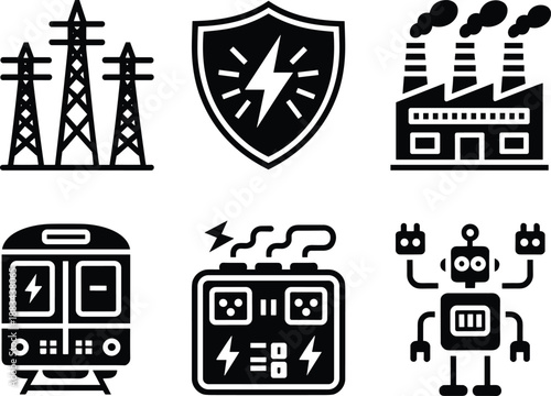 Industrial energy and electricity icons set featuring power transmission towers, electrical protection shield, factory pollution, generator battery, train power system, and robotics technology symbols