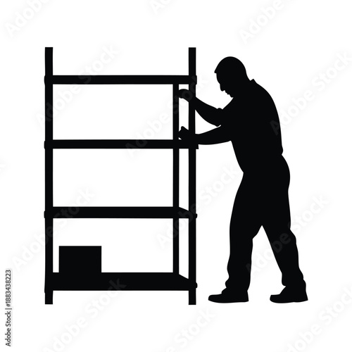 Man assembling storage rack silhouette vector illustration,A black and white vector illustration of a man assembling a storage rack
