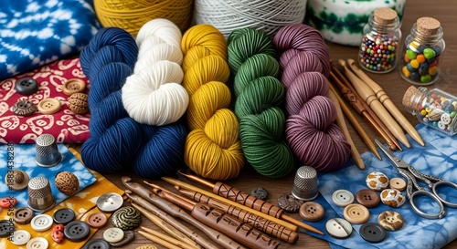 Colorful Yarn Bundles and Sewing Tools on Tie-Dye Fabrics