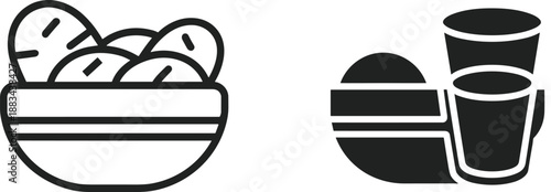 Minimal black and white food icon set showing bread basket, burger, and soft drinks, modern flat design symbols for restaurant menu, food delivery, and café branding
