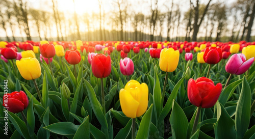 A vibrant field of multicolored tulips in bloom during daytime.