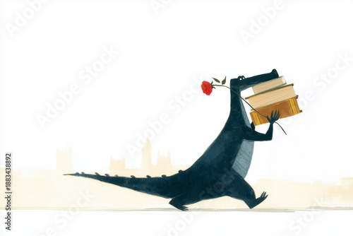 Dragon carrying books and rose for sant jordi holiday