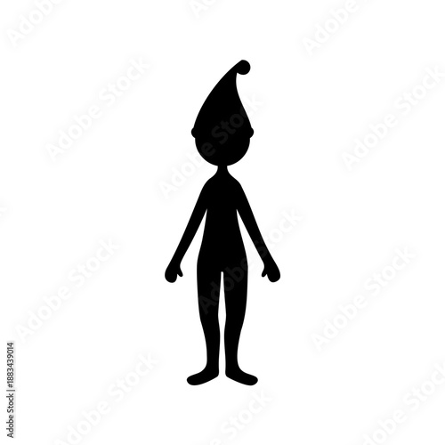 Silhouette of a whimsical elf wearing a pointed hat on white background