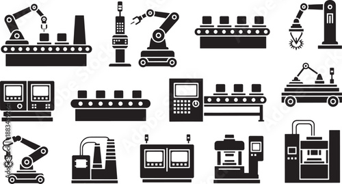 Black and white sketched of industrial machinery and equipment sketched robots