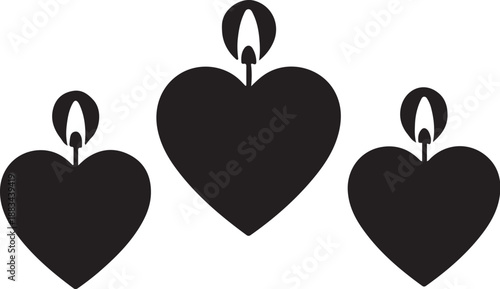 Three black heart-shaped candles with lit wicks on a white background also transparent background