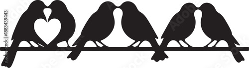 Three pairs of black birds sitting on a horizontal line with heart shapes between them also transparent background