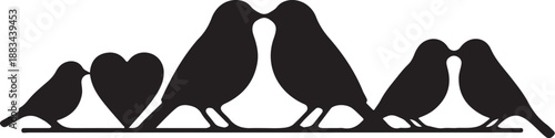 Three pairs of black birds with hearts between them on a horizontal line also transparent background
