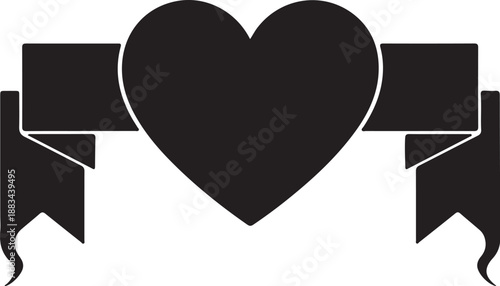 Two black ribbon banners with a large heart shape in the center on a white background also transparent background