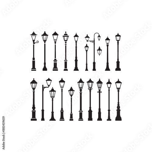  collection of vintage and modern street light silhouettes on a white background